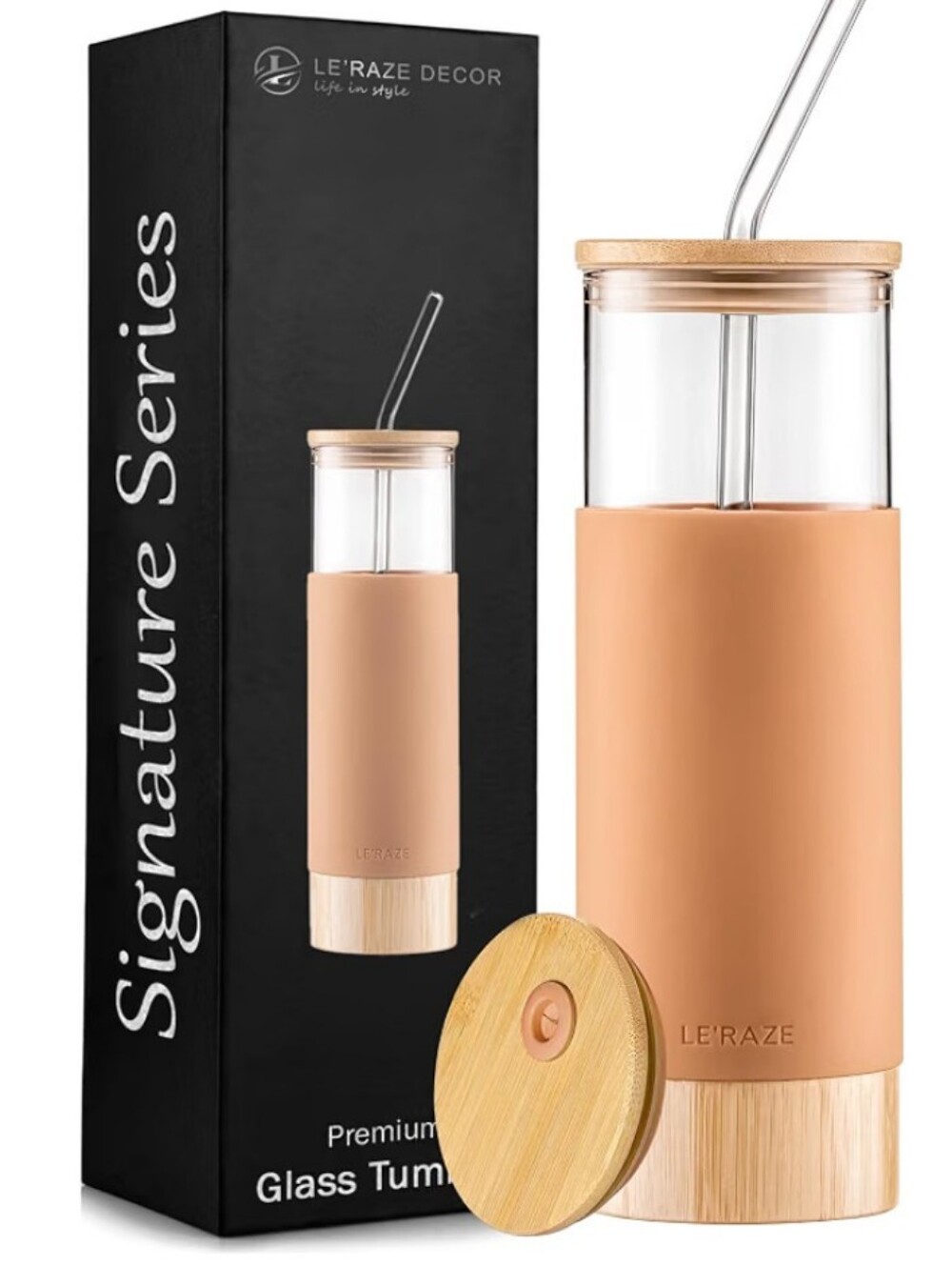 Glass Tumbler with Bamboo Lid & Amber Silicone Sleeve NWT